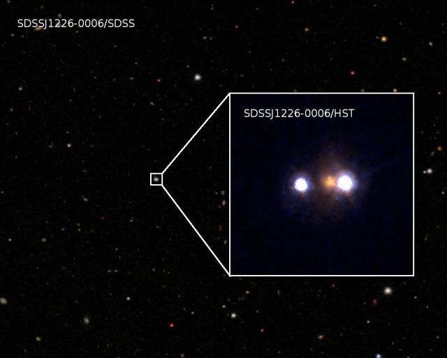 This composite image shows SDSSJ1226-0006, a new gravitationally lensed quasar discovered in a Japanese survey announced on April 11, 2012.