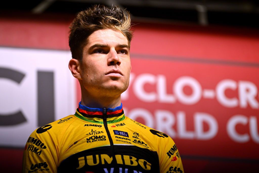 ANTWERP BELGIUM DECEMBER 23 Wout van Aert of Belgium and Team JumboVisma on second place poses on the podium ceremony after the 17th UCI Cyclocross World Cup Antwerpen 2023 Mens Elite on December 23 2023 in Antwerp Belgium Photo by Luc ClaessenGetty Images