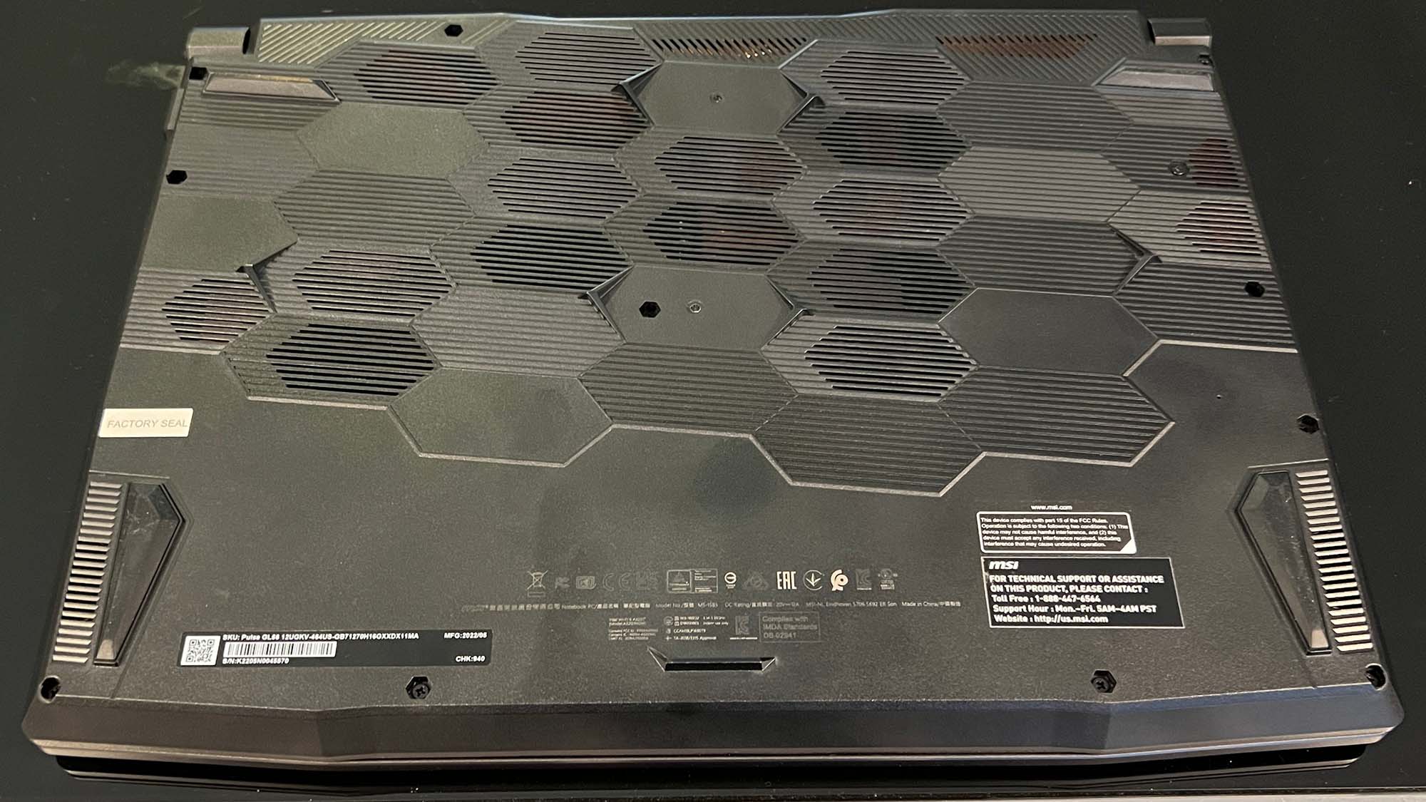 The underside of the MSI Pulse GL66 (2022)