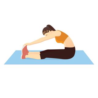 Illustrated woman sitting on yoga mat stretching out hamstrings by leaning over to touch her toes with legs straight