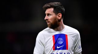 Lionel Messi of PSG looks on during the Ligue 1 match between Angers and PSG at the Stade Raymond Kopa on April 21, 2023 in Angers, France.