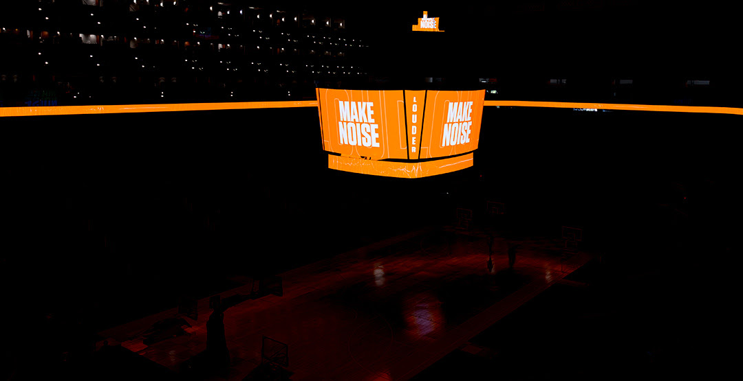 The new Daktronics centerhung display in orange telling fans to get loud.
