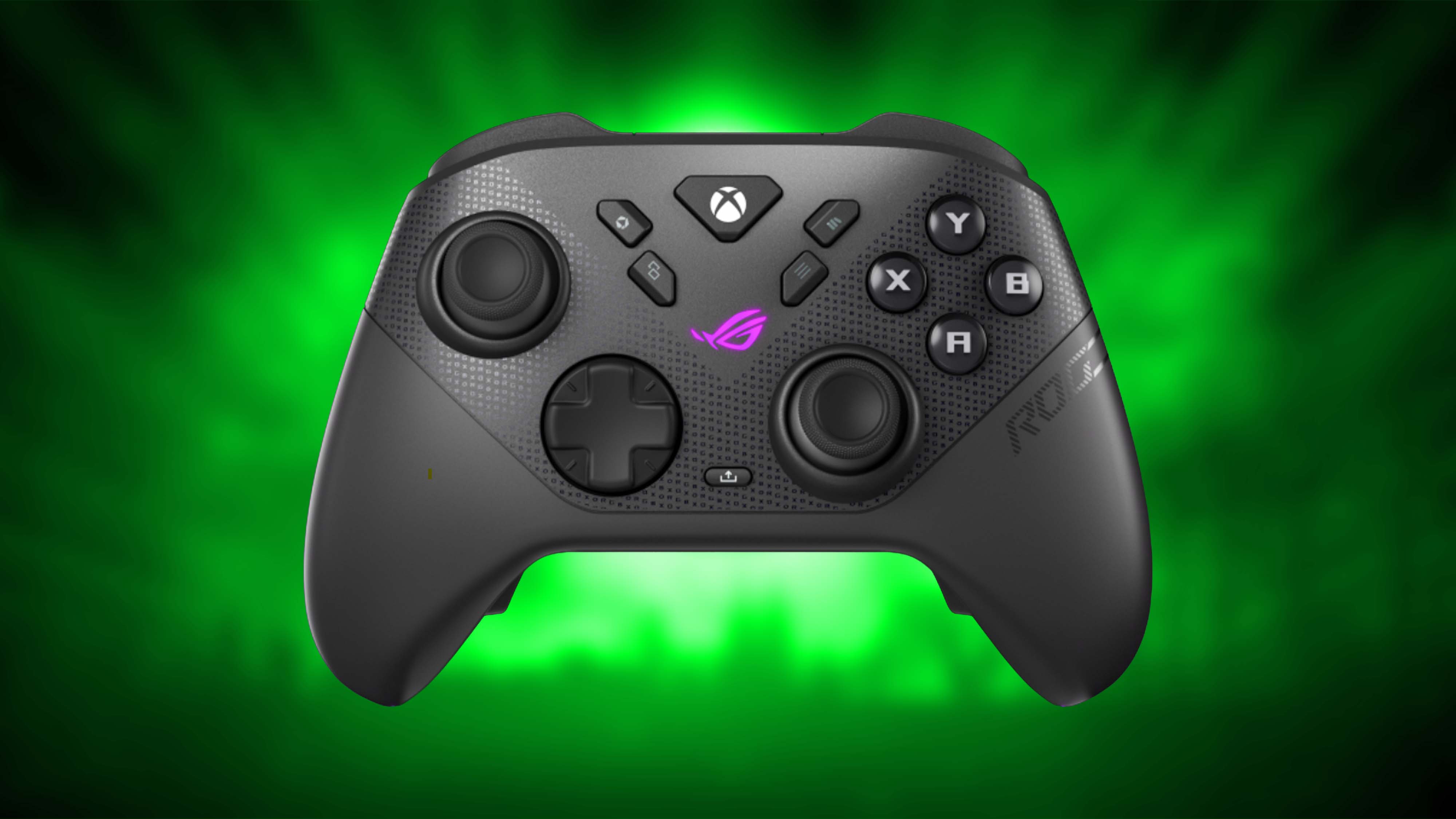 ROG Raikiri II Xbox Wireless Controller on a green background. 