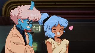Orbitals screenshot showing retro anime style art of a blue character with horns, white hair, and round glasses looking irksomely at a girl with light teal hair