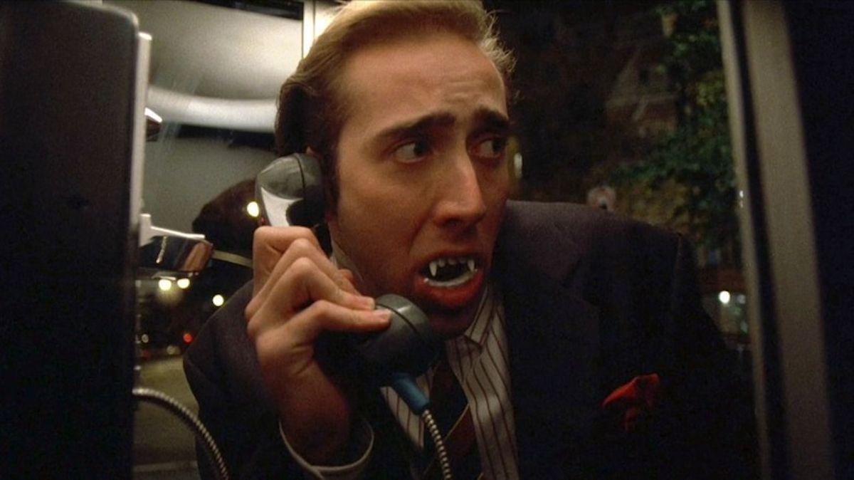 Nicolas Cage with vampire teeth in 1989&#039;s Vampire&#039;s Kiss