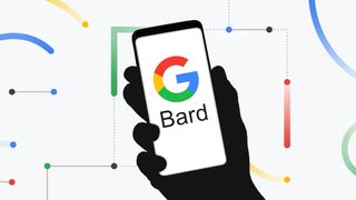 Google Bard AI icon appears on a phone held by a hand in front of a colorful background