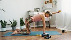 woman wearing pink vest and multicoloured leggings in a tabletop position holding a light weight in one hand stretched out in front. she's in a home setting with plants and a window behind her. 