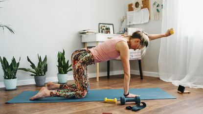 woman wearing pink vest and multicoloured leggings in a tabletop position holding a light weight in one hand stretched out in front. she&#039;s in a home setting with plants and a window behind her. 