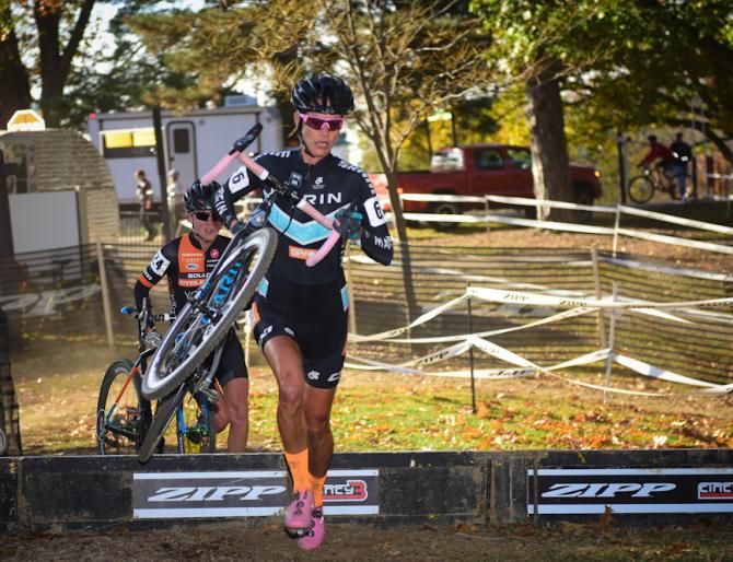 Nicole Duke (Marin Spy) running the barriers ahead of Amanda Miller