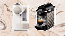 Two nespresso machines on brown background