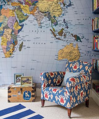 Children's bedroom with map wallpaper