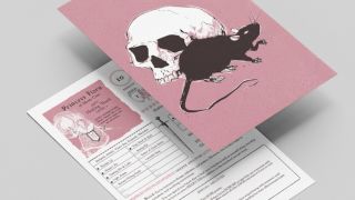 A character sheet from Perils & Princesses against a gray background, with a pink cover depicting a skull and rat above it