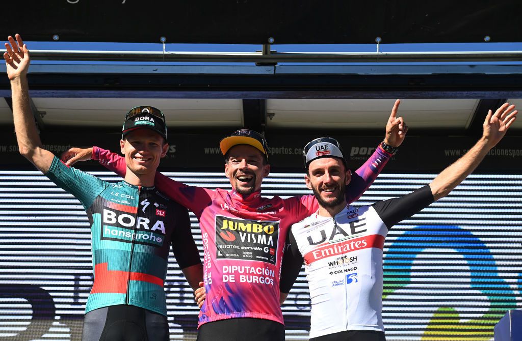 Final overall podium (l-r): second place Aleksandr Vlasov (Bora-Hansgrohe), winner Primož Roglič (Jumbo-Visma) and third place Adam Yates (UAE Team Emirates)