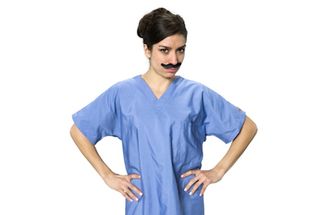 doctor, woman, scrubs, mustache, fake