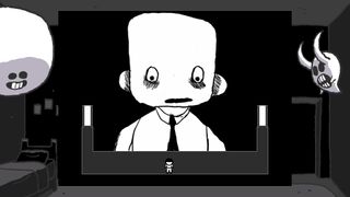 A screenshot from Off showing a hand-drawn illustration of a bald man with strange, supernatural creatures surrounding him