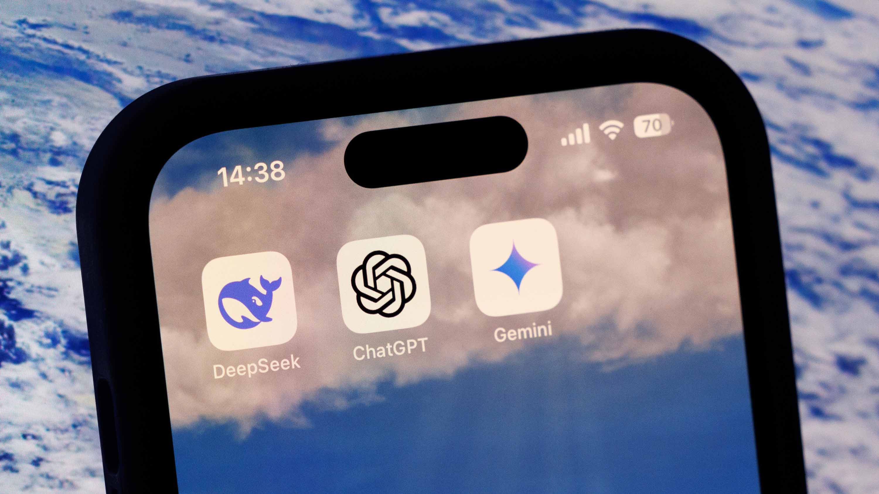 Artificial intelligence mobile apps for DeepSeek, ChatGPT and Google Gemini arranged.