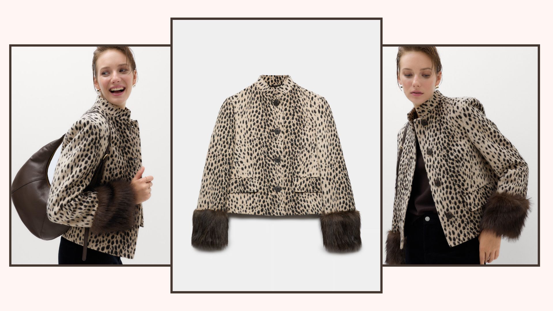 two models shots and a still life of the M&amp;S animal print jacket