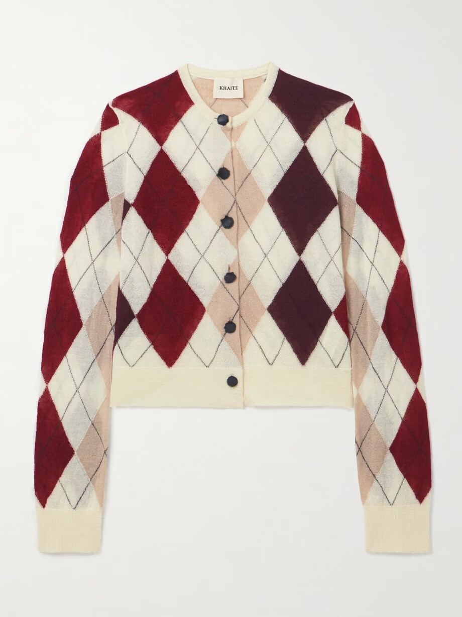 Khaite, Charli Calf Hair-Trimmed Argyle Cashmere Mohair-Blend Cardigan