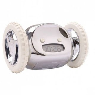 silver alarm clock with wheels