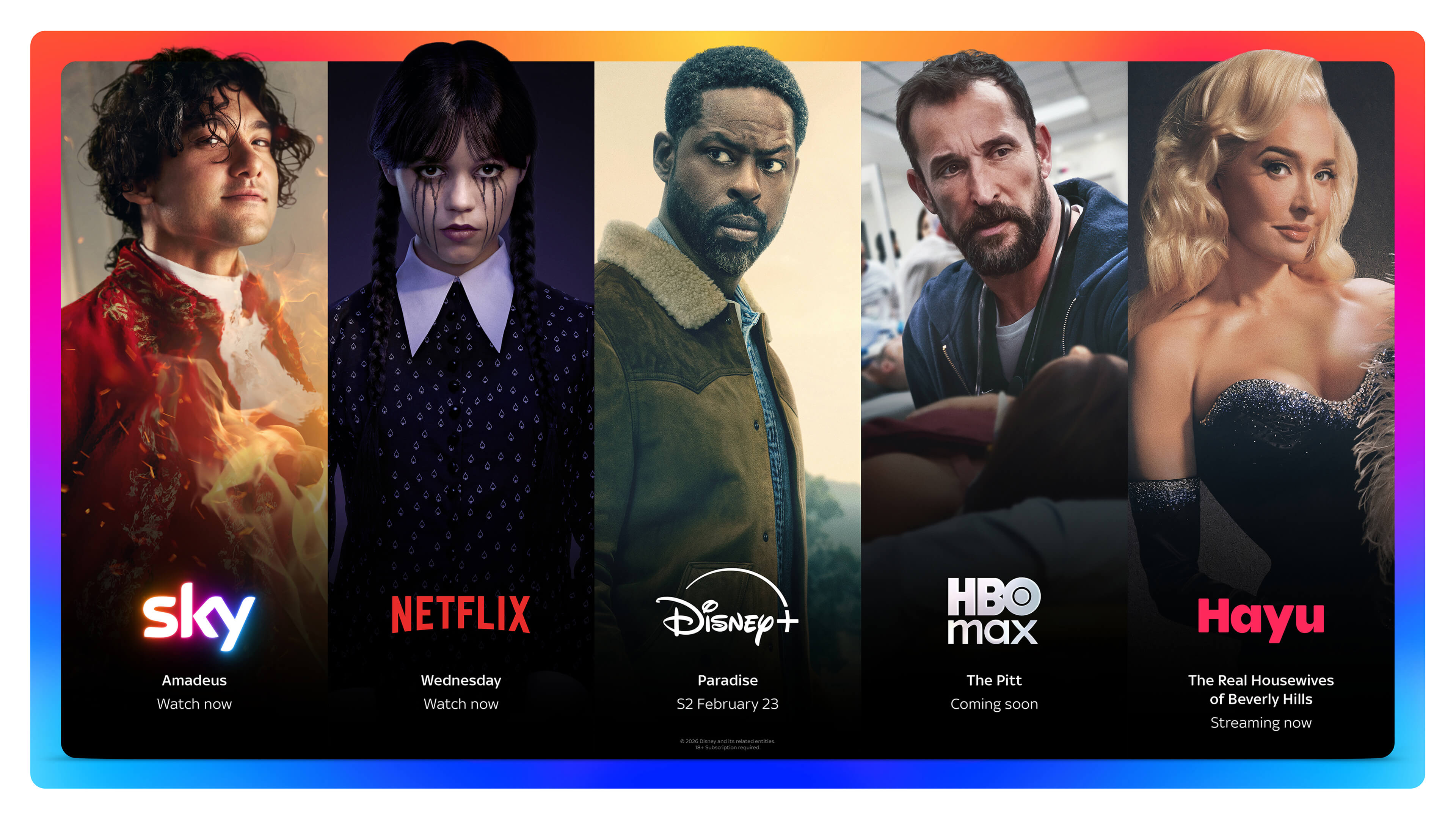 Sky ultimate line up with Sky, Netflix. Disney Plus, HBO Max and Hayu featured