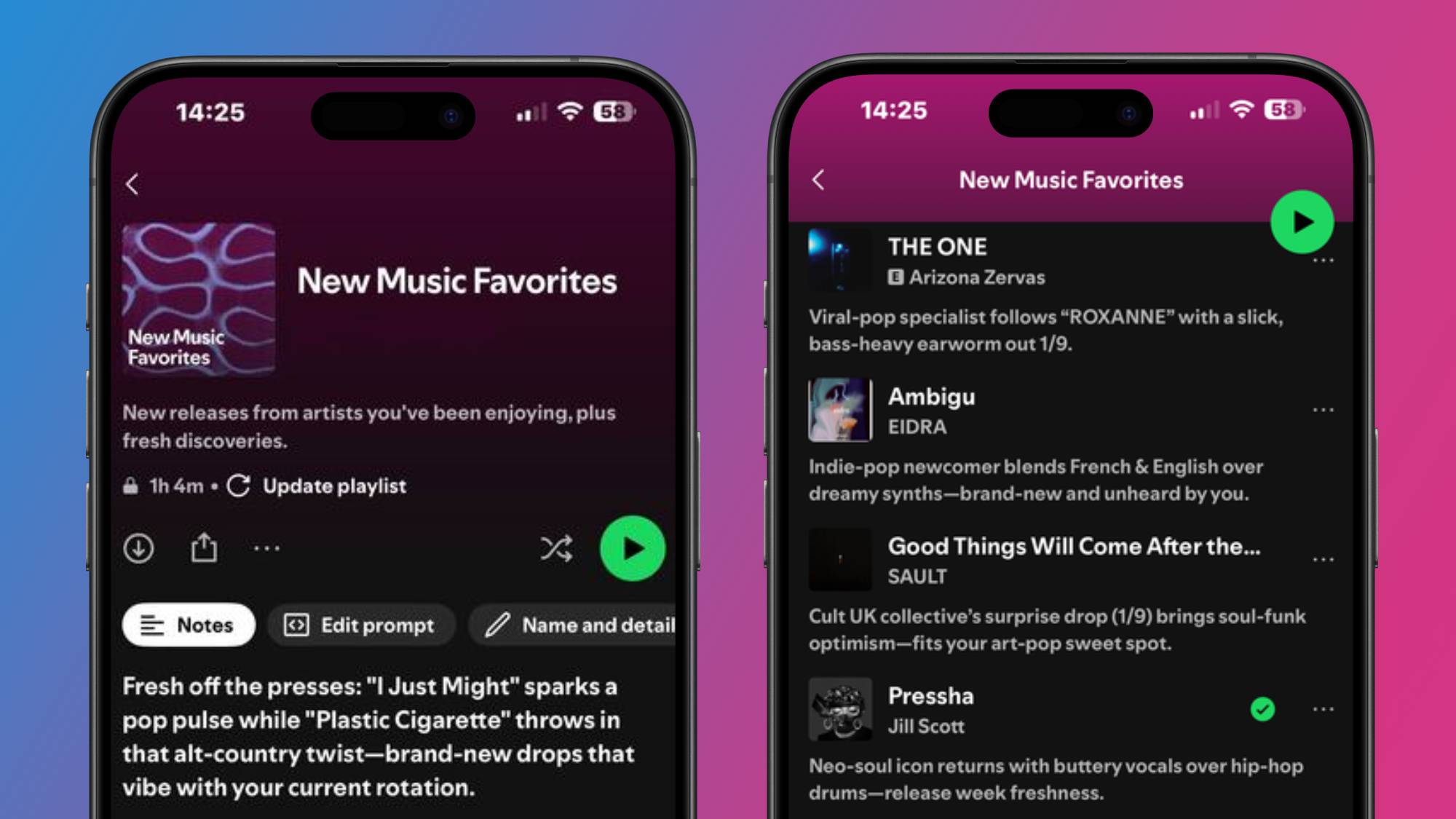 Two smartphones showing a freshly generated Spotify Prompted Playlist for new music discovery