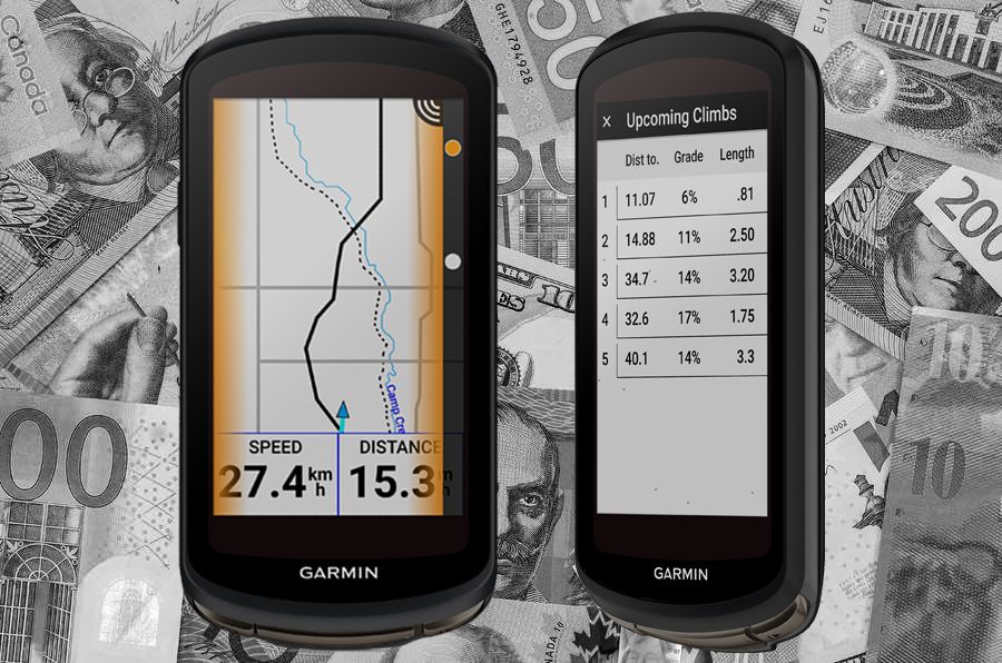 Two images of a Garmin Edge 1040 on a pile of cash