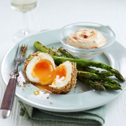 Photo: Dukkah eggs with griddled asparagus and houmous dip recipe