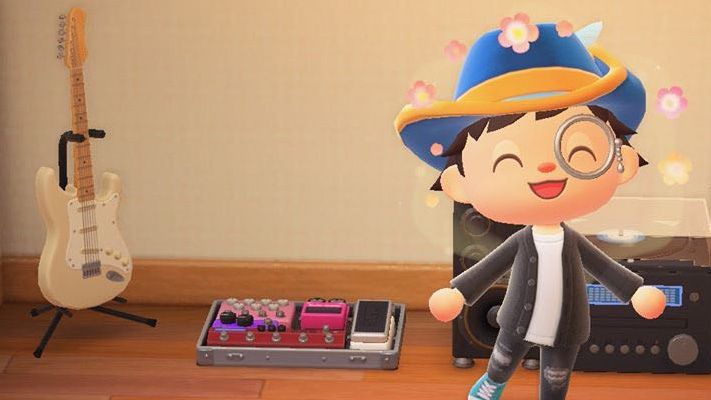 Picture of an electric guitar and pedalboard in Animal Crossing