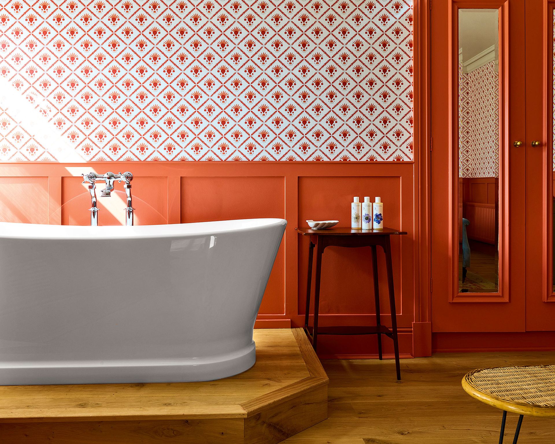 Wall paneling with red painted panels
