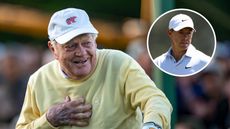 Main image of Jack Nicklaus laughing during the Honorary Starters ceremony in 2026 with an inset headshot of Rory McIlroy