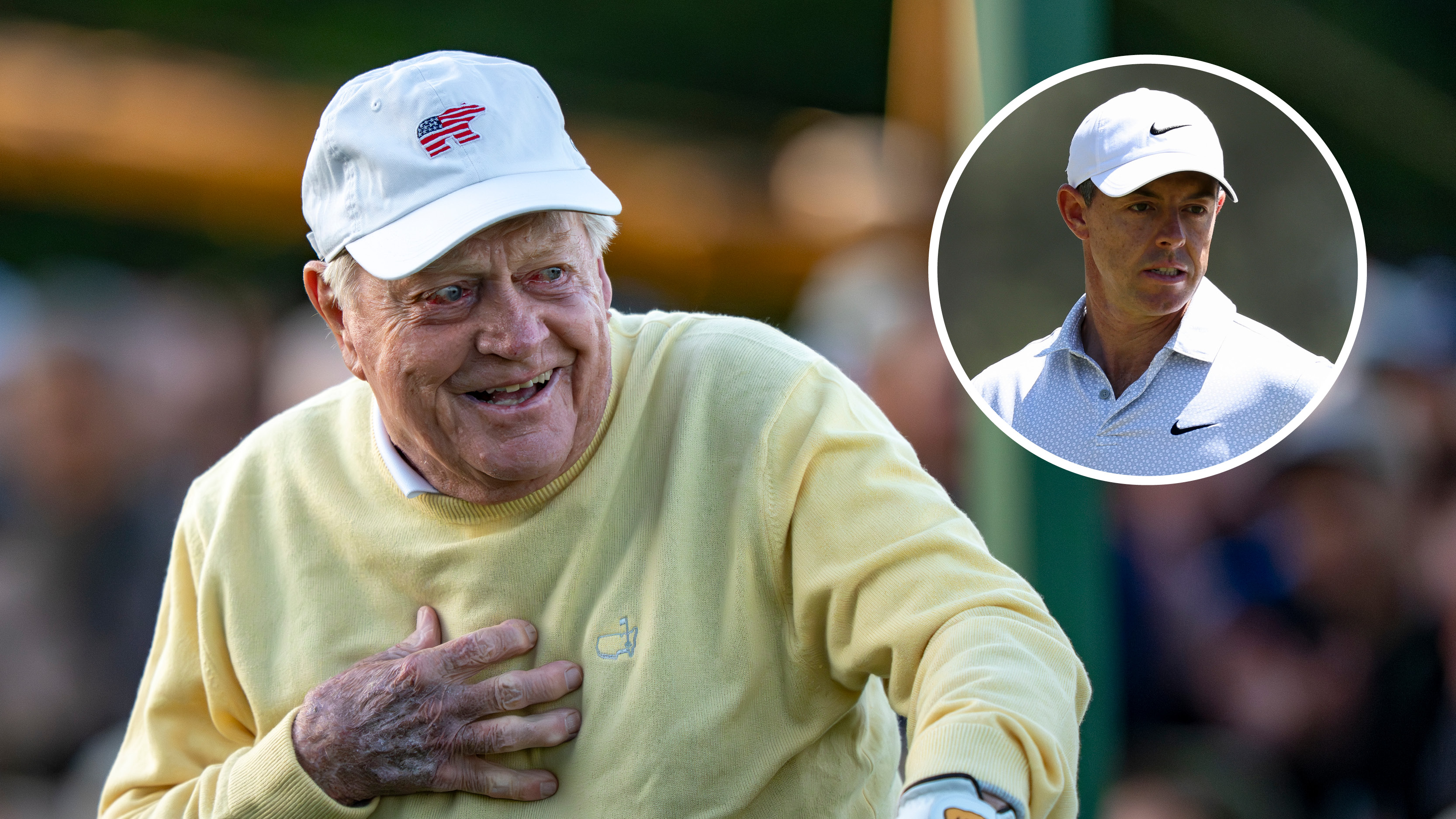 Main image of Jack Nicklaus laughing during the Honorary Starters ceremony in 2026 with an inset headshot of Rory McIlroy