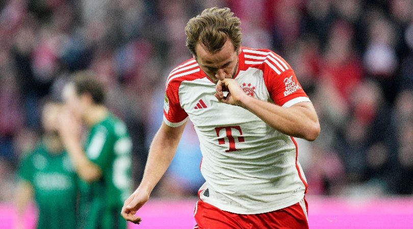 Harry Kane celebrates after scoring for Bayern Munich against Borussia Monchengladbach in the Bundesliga in February 2024.