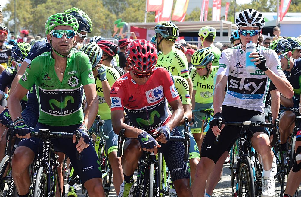 Nairo Quintana, Alejandro Valverde and Chris Froome on the stage 17 start line at the Vuelta a Espana