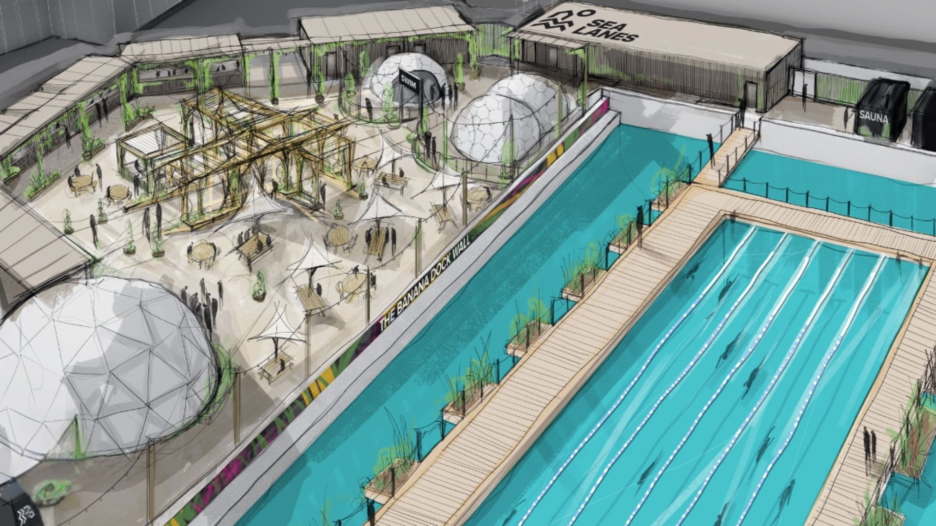 an image of the drawing mock up of the designs for the new sea lanes canary wharf