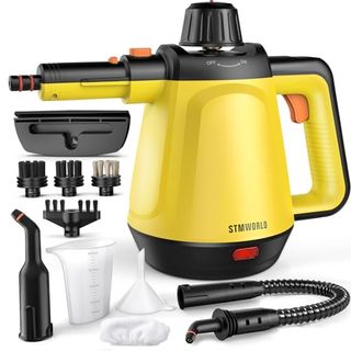 a side on view of the yellow and black Natural Multi-Surface Handheld Steam Cleaner With 10 Accessories