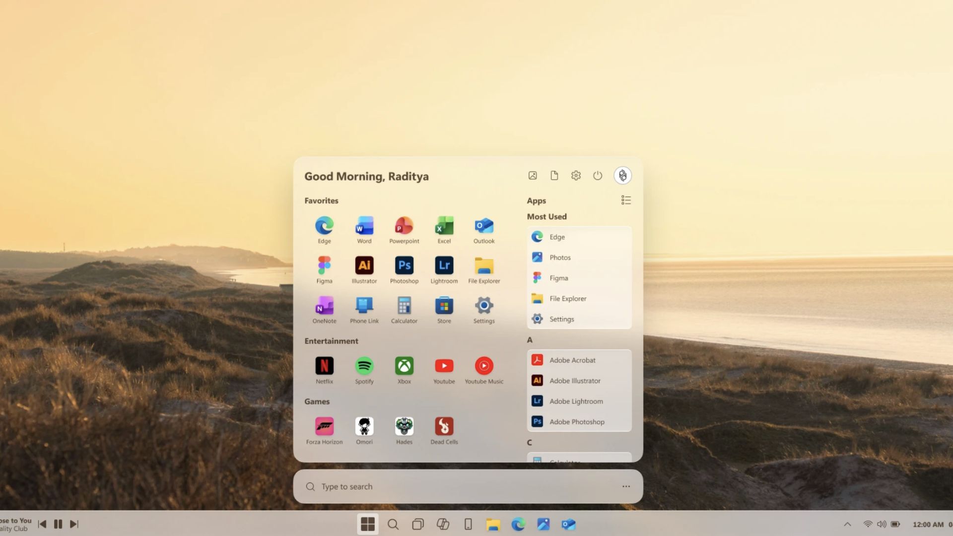 A serene beach sunrise on a computer desktop with a translucent start menu open, displaying various app icons in a minimalist design.