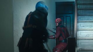 Daredevil fighting Bullseye in a stairwell in Daredevil: Born Again season 1