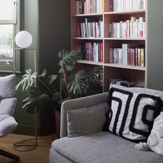 A green-painted living room with a large bookcase, a grey sofa and a low floor lamp next to a houseplant