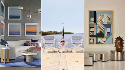 three images of American made furniture, sofa, yacht chairs and steel coffee table