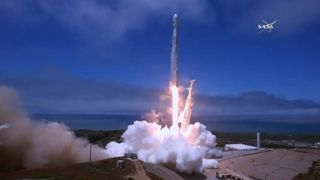 A SpaceX Falcon 9 rocket launches NASA's twin GRACE-FO satellites and five Iridium Next communications satellites from Vandenberg Air Force Base in California on May 22, 2018.