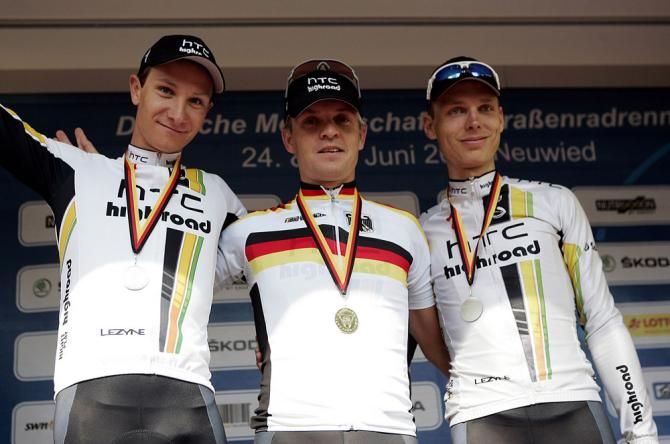 Bert Grabsch was a four-time German time trial champion. Here he shares the 2011 podium with HTC-HighRoad teammates Patrick Gretsch and Tony Martin