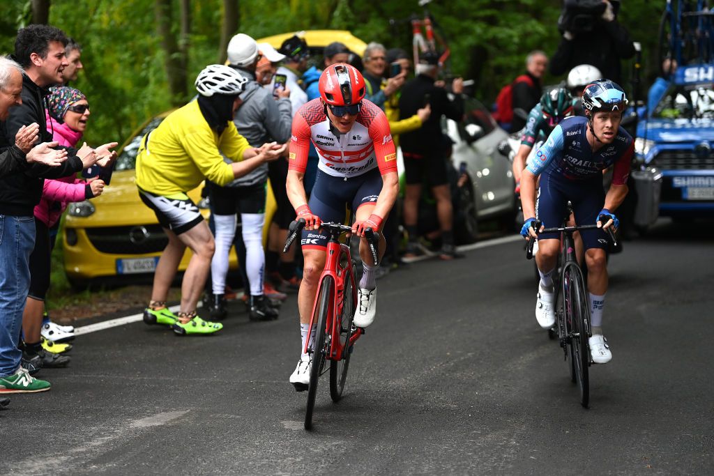 RIVOLI ITALY MAY 18 LR Toms Skuji of Latvia and Team Trek Segafredo and Sebastian Berwick of Australia and Team Israel Premier Tech compete itduring the 106th Giro dItalia 2023 Stage 12 a 185km stage from Bra to Rivoli UCIWT on May 18 2023 in Rivoli Italy Photo by Tim de WaeleGetty Images