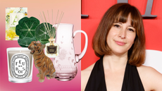 fashion designer rachel antonoff next to multiple home decor items on a colorful background