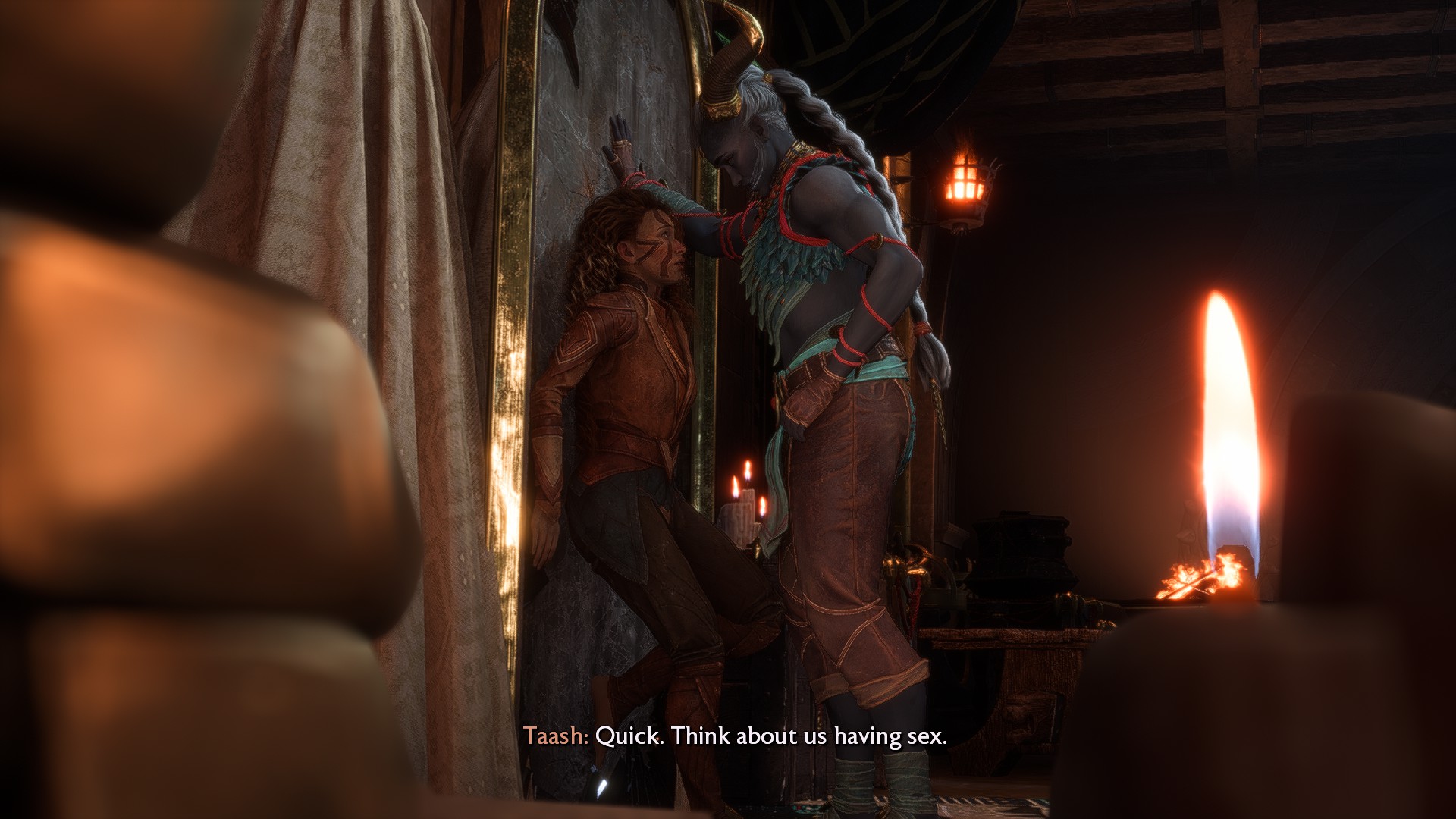 Taash standing over Rook and asking her whether she wants a sexual relationship in Dragon Age: The Veilguard.