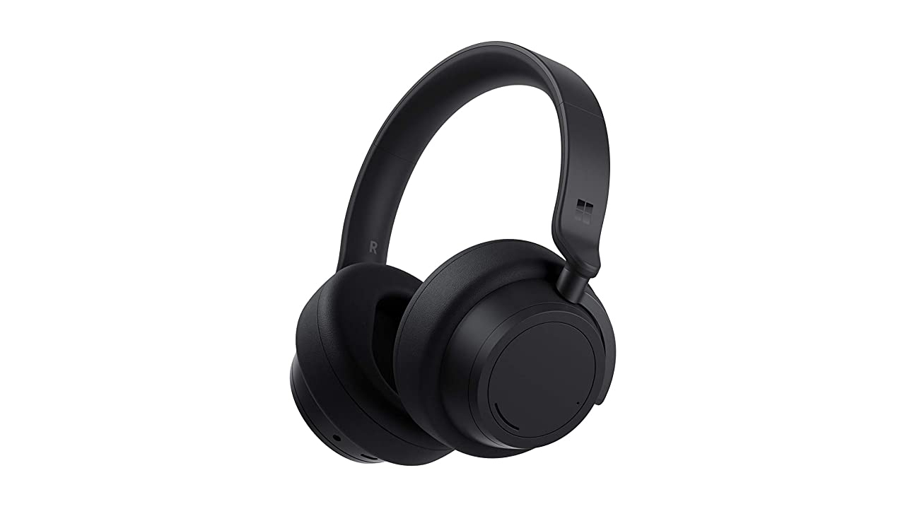 The Microsoft surface headphones 2 in black on a white background.