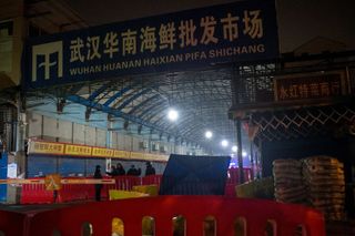 Security guards stand in front of the closed Huanan Seafood Wholesale Market in the city of Wuhan, where some of the first cases of COVID-19 were reported, in January 2020.