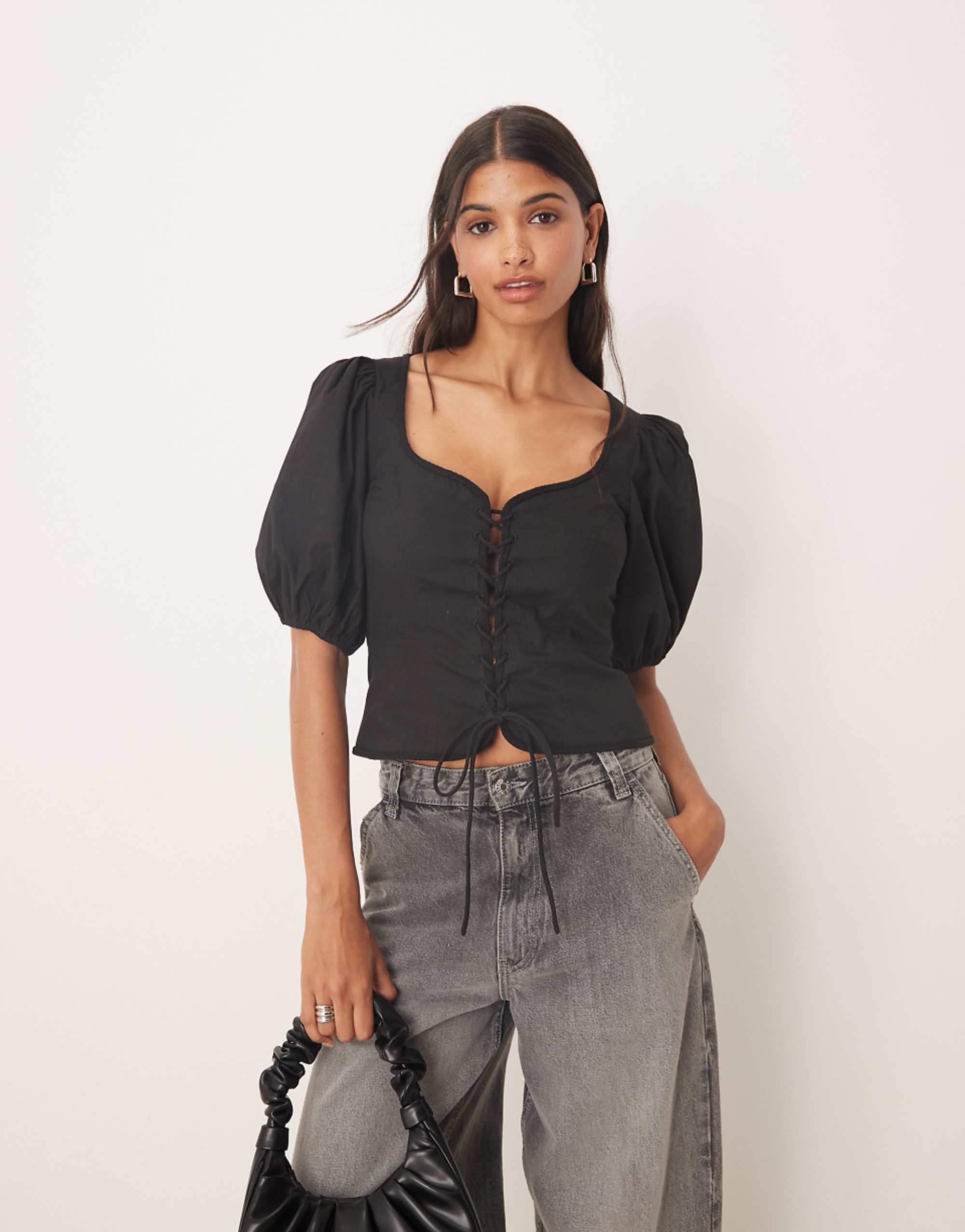 Asos Design Puff Sleeve Lace Up Front Top