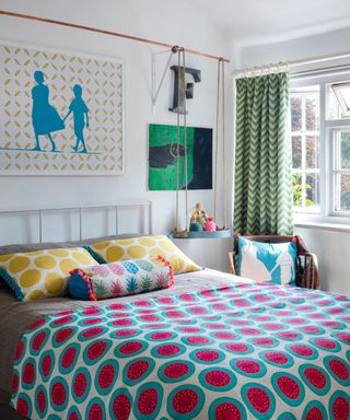 Colorful bedroom in Grade II listed farmhouse in Sussex