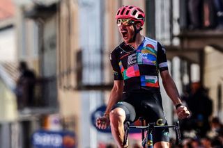 Team EF Education rider Italys Alberto Bettiol celebrates as he crosses the finish line to win the 18th stage of the Giro dItalia 2021 cycling race 231km between Rovereto and Stradella on May 27 2021 Photo by Luca Bettini AFP Photo by LUCA BETTINIAFP via Getty Images