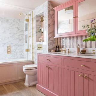 bathroom with double sink with pink storage unit, underneath pink storage cabinet with mirror